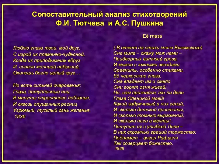 Сопоставительный анализ стихотворений Ф.И. Тютчева и А.С. Пушкина Люблю глаза твои, мой