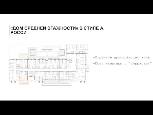 «ДОМ СРЕДНЕЙ ЭТАЖНОСТИ» В СТИЛЕ А. РОССИ -Огромное пространство хола -Есть квартиры с “террасами”