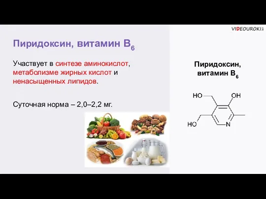 Пиридоксин, витамин В6 Пиридоксин, витамин В6 Участвует в синтезе аминокислот, метаболизме жирных