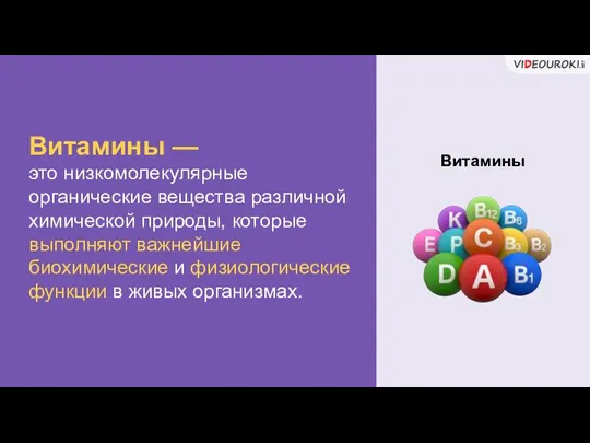 Витамины — это низкомолекулярные органические вещества различной химической природы, которые выполняют важнейшие