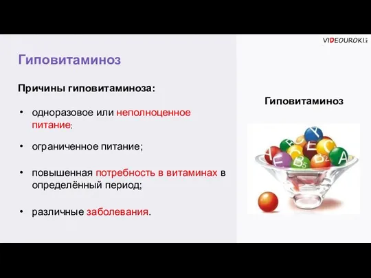 Гиповитаминоз Гиповитаминоз Причины гиповитаминоза: одноразовое или неполноценное питание; ограниченное питание; повышенная потребность