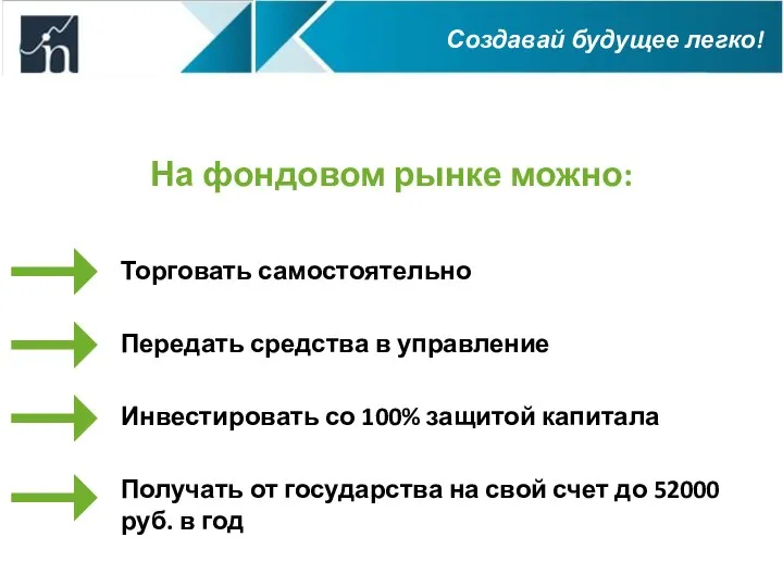 На фондовом рынке можно: Торговать самостоятельно Передать средства в управление Инвестировать со