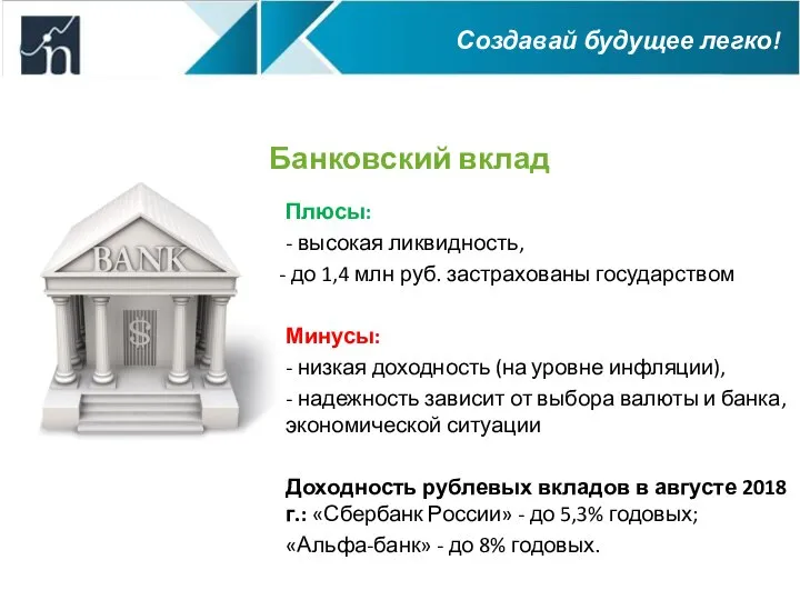Банковский вклад Плюсы: - высокая ликвидность, до 1,4 млн руб. застрахованы государством