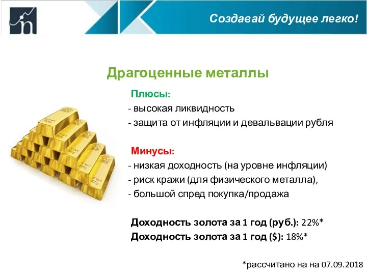 Драгоценные металлы Плюсы: высокая ликвидность защита от инфляции и девальвации рубля Минусы: