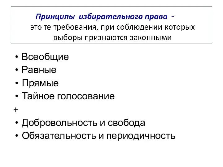 Всеобщие Равные Прямые Тайное голосование + Добровольность и свобода Обязательность и периодичность