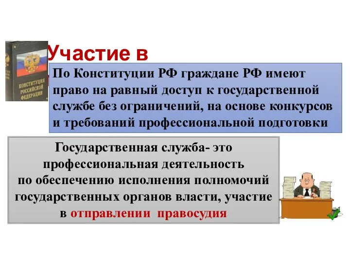 Участие в государственной службе По Конституции РФ граждане РФ имеют право на