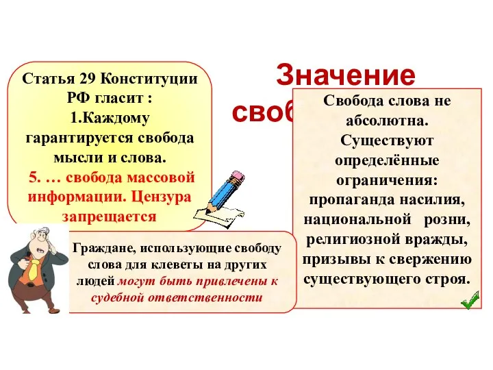 Значение свободы слова Статья 29 Конституции РФ гласит : 1.Каждому гарантируется свобода