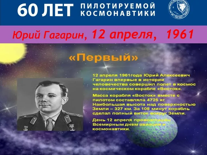 Юрий Гагарин, 12 апреля, 1961 год!