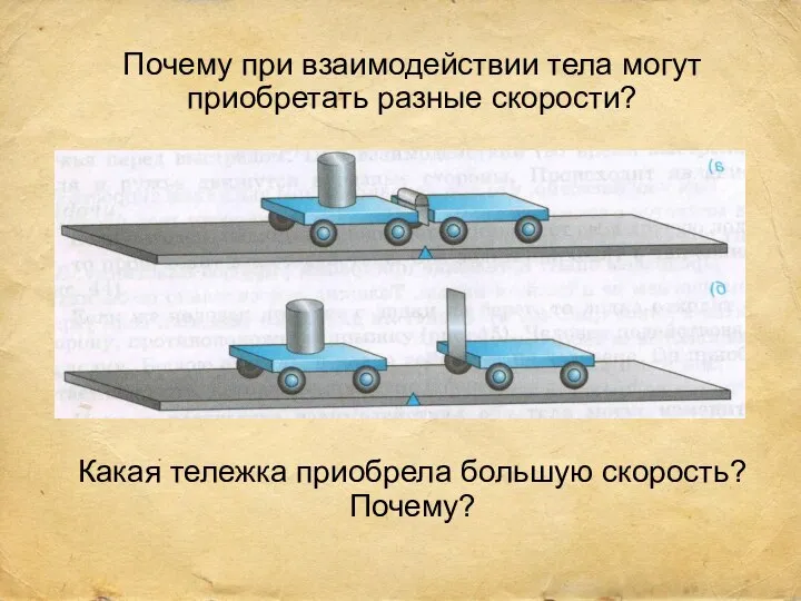 Почему при взаимодействии тела могут приобретать разные скорости? Какая тележка приобрела большую скорость? Почему?