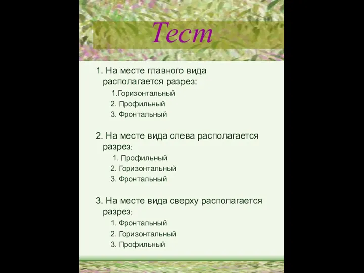 Тест 1. На месте главного вида располагается разрез: 1.Горизонтальный 2. Профильный 3.