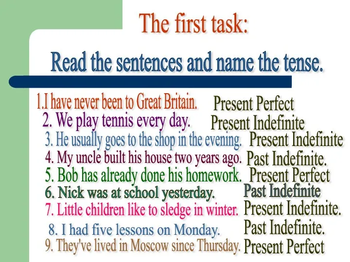 The first task: Read the sentences and name the tense. 1.I have