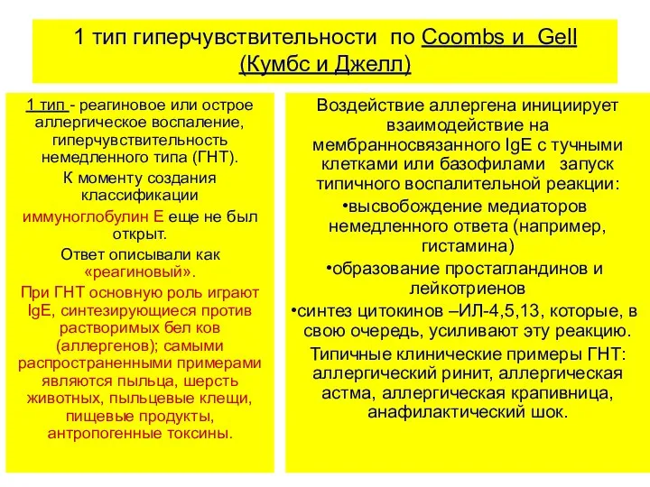 1 тип гиперчувствительности по Coombs и Gell (Кумбс и Джелл) 1 тип