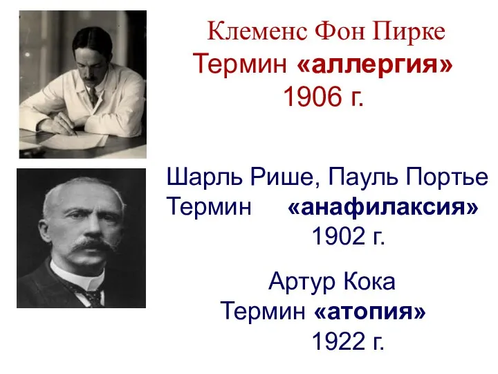 Клеменс Фон Пирке Термин «аллергия» 1906 г. Шарль Рише, Пауль Портье Термин