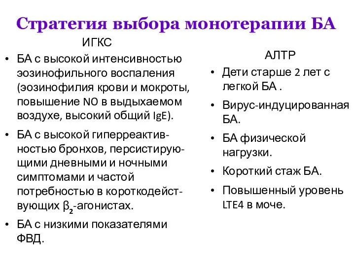 Стратегия выбора монотерапии БА ИГКС БА с высокой интенсивностью эозинофильного воспаления (эозинофилия