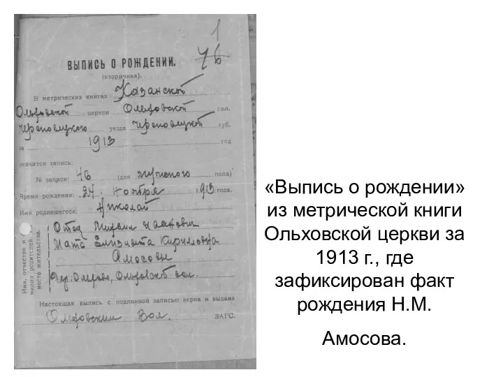 «Выпись о рождении» из метрической книги Ольховской церкви за 1913 г., где зафиксирован факт рождения Н.М.Амосова.