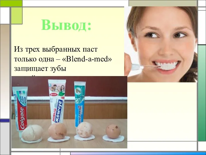 Вывод: Из трех выбранных паст только одна – «Blend-a-med» защищает зубы от действия кислоты