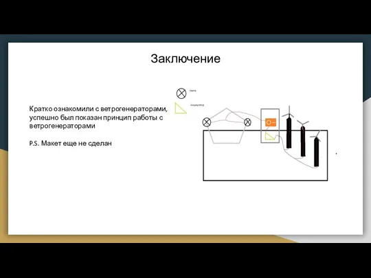 Заключение Кратко ознакомили с ветрогенераторами, успешно был показан принцип работы с ветрогенераторами