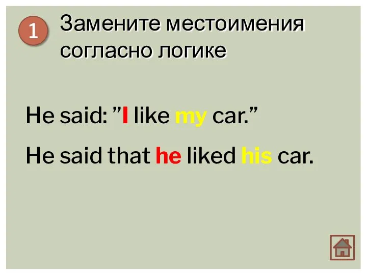 Замените местоимения согласно логике 1 He said: ”I like my car.” He