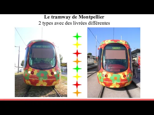 Le tramway de Montpellier 2 types avec des livrées différentes