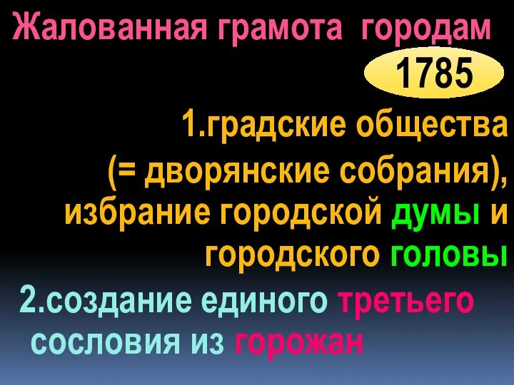 Жалованная грамота городам 1.градские общества (= дворянские собрания), избрание городской думы и