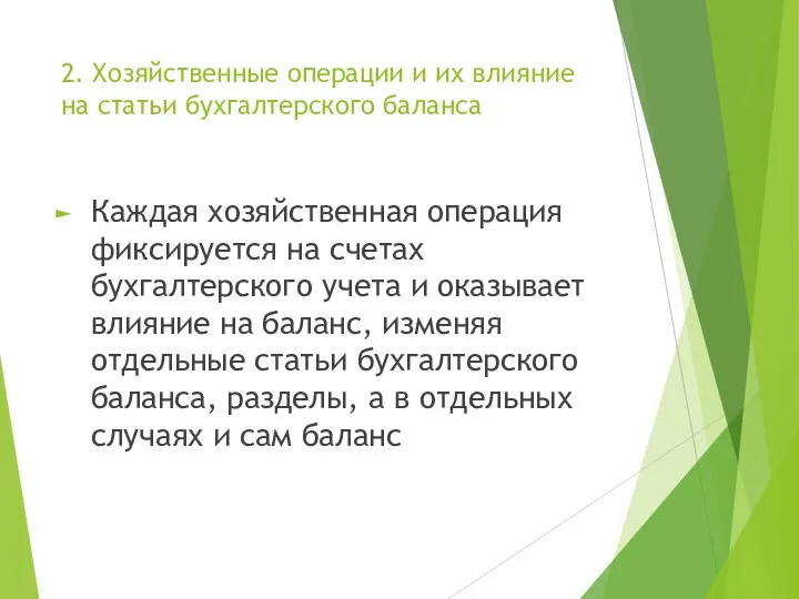 2. Хозяйственные операции и их влияние на статьи бухгалтерского баланса Каждая хозяйственная