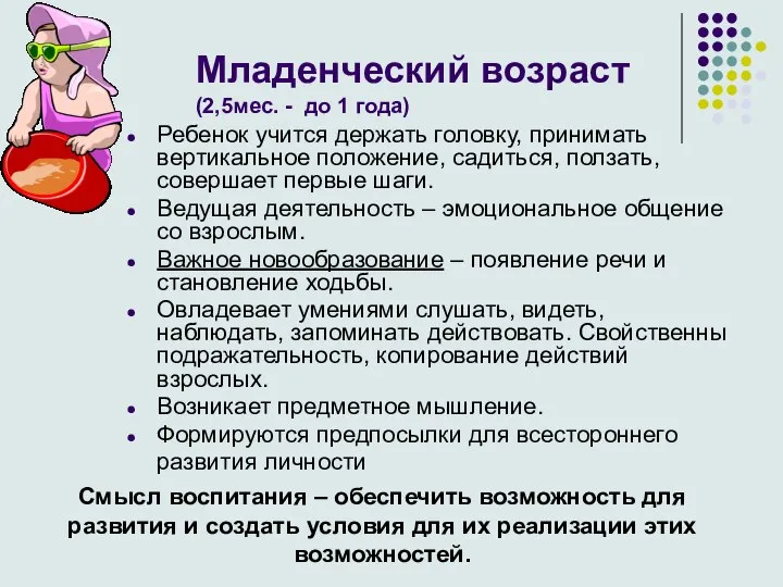 Младенческий возраст (2,5мес. - до 1 года) Ребенок учится держать головку, принимать