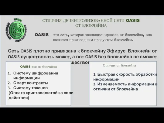 ОТЛИЧИЯ ДЕЦЕНТРОЛИЗОВАННОЙ СЕТИ OASIS ОТ БЛОКЧЕЙНА OASIS – это сеть, которая эволюционировала