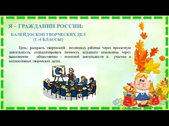 Я – ГРАЖДАНИН РОССИИ: КАЛЕЙДОСКОП ТВОРЧЕСКИХ ДЕЛ (1 -4 КЛАССЫ) Цель: раскрыть