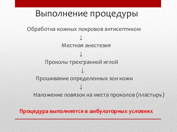 Выполнение процедуры Обработка кожных покровов антисептиком ↓ Местная анестезия ↓ Проколы трехгранной