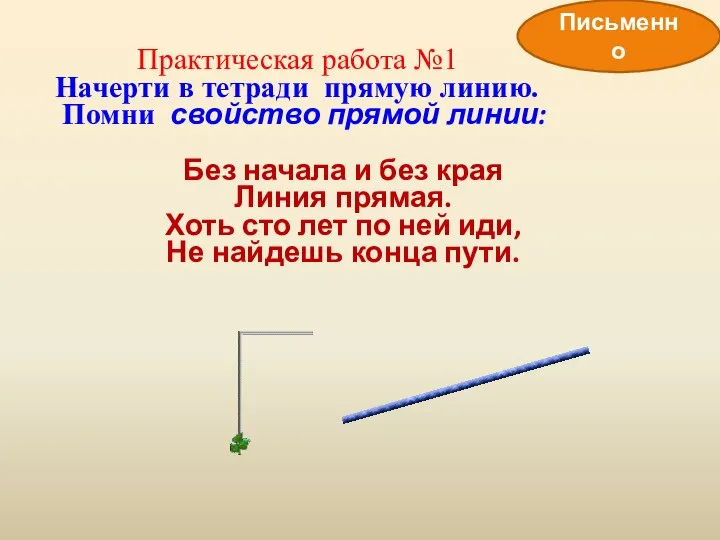 Практическая работа №1 Начерти в тетради прямую линию. Помни свойство прямой линии: