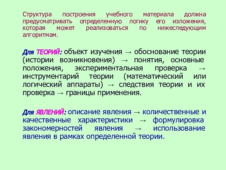 Структура построения учебного материала должна предусматривать определенную логику его изложения, которая может