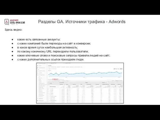 Разделы GA. Источники трафика - Adwords Здесь видно: какие есть связанные аккаунты;