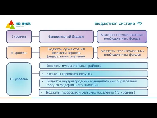 I уровень Федеральный бюджет Бюджеты государственных внебюджетных фондов Бюджеты субъектов РФ Бюджеты