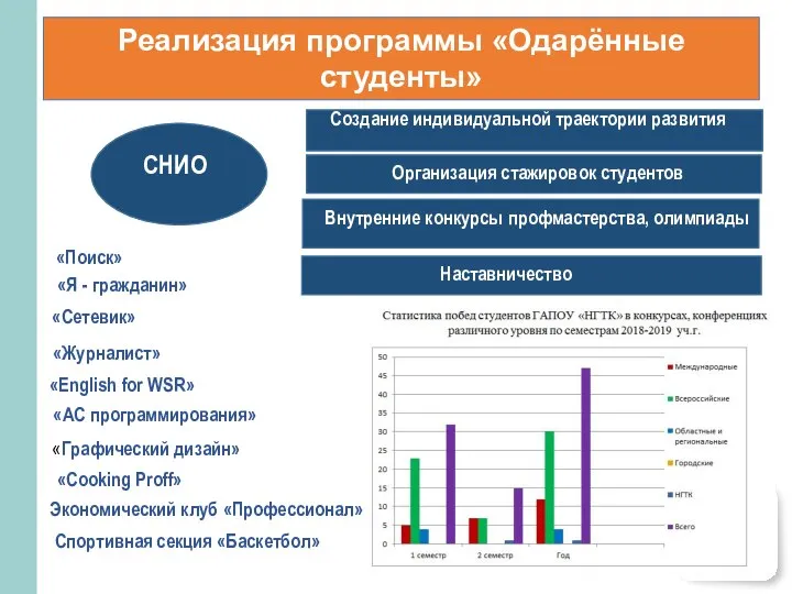 Реализация программы «Одарённые студенты» СНИО Создание индивидуальной траектории развития Организация стажировок студентов