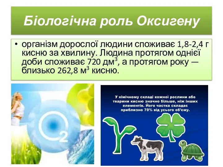 Біологічна роль Оксигену організм дорослої людини споживає 1,8-2,4 г кисню за хвилину.