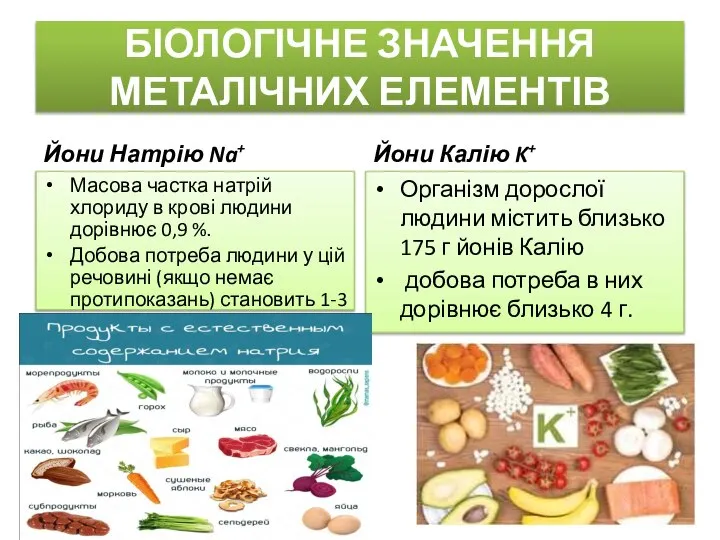 БІОЛОГІЧНЕ ЗНАЧЕННЯ МЕТАЛІЧНИХ ЕЛЕМЕНТІВ Йони Натрію Na+ Масова частка натрій хлориду в