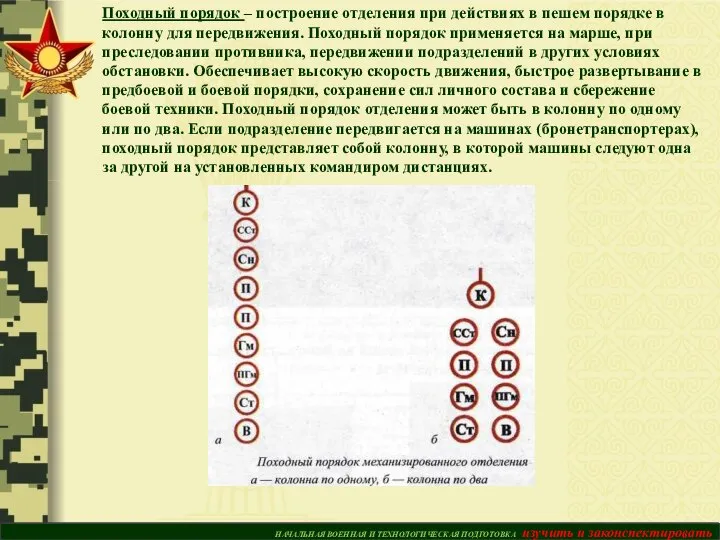 НАЧАЛЬНАЯ ВОЕННАЯ И ТЕХНОЛОГИЧЕСКАЯ ПОДГОТОВКА изучить и законспектировать Походный порядок – построение