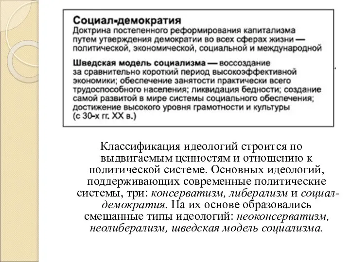 Классификация идеологий строится по выдвигаемым ценностям и отношению к политической системе. Основных