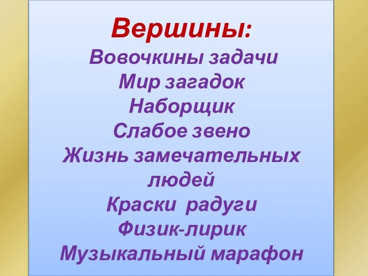 Вершины: Вовочкины задачи Мир загадок Наборщик Слабое звено Жизнь замечательных людей Краски радуги Физик-лирик Музыкальный марафон