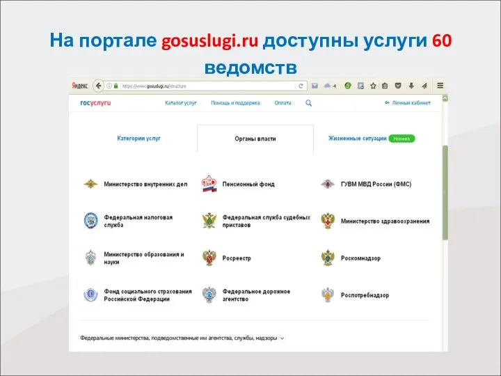 На портале gosuslugi.ru доступны услуги 60 ведомств