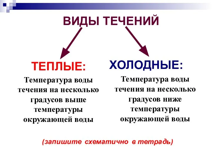 ВИДЫ ТЕЧЕНИЙ Температура воды течения на несколько градусов выше температуры окружающей воды