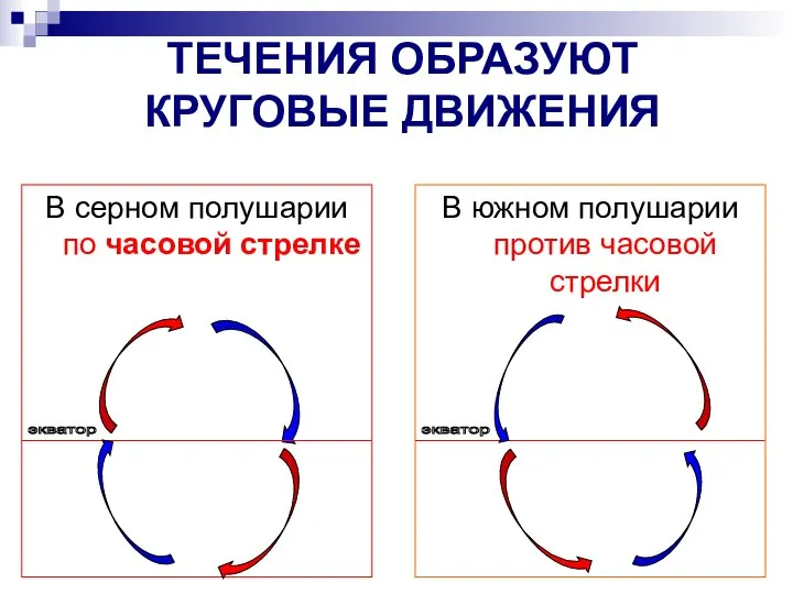 ТЕЧЕНИЯ ОБРАЗУЮТ КРУГОВЫЕ ДВИЖЕНИЯ В серном полушарии по часовой стрелке В южном