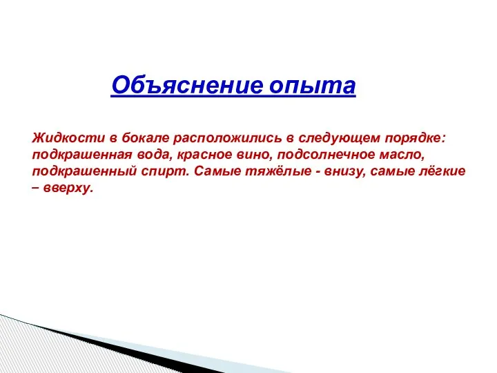 Объяснение опыта Жидкости в бокале расположились в следующем порядке: подкрашенная вода, красное