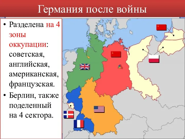 Германия после войны Разделена на 4 зоны оккупации: советская, английская, американская, французская.