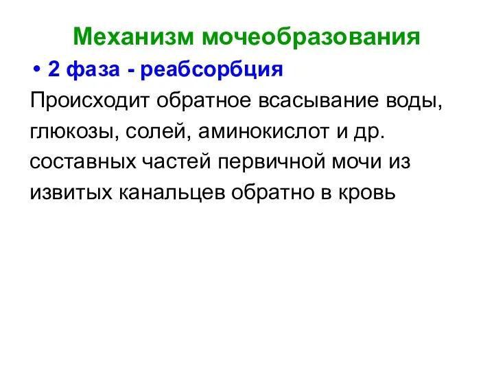 Механизм мочеобразования 2 фаза - реабсорбция Происходит обратное всасывание воды, глюкозы, солей,