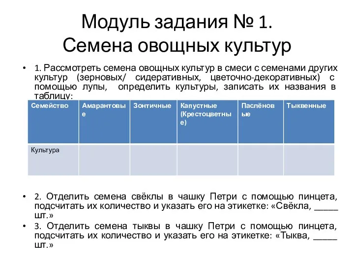 Модуль задания № 1. Семена овощных культур 1. Рассмотреть семена овощных культур