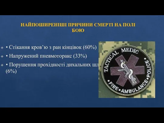 НАЙПОШИРЕНІШІ ПРИЧИНИ СМЕРТІ НА ПОЛІ БОЮ • Стікання кров’ю з ран кінцівок