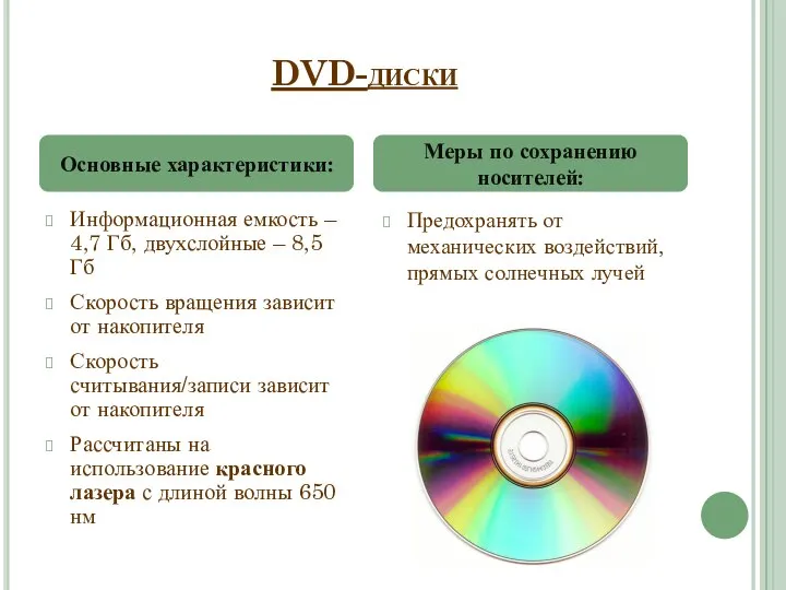 DVD-диски Информационная емкость – 4,7 Гб, двухслойные – 8,5 Гб Скорость вращения
