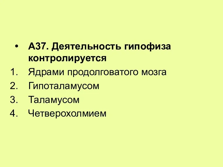 А37. Деятельность гипофиза контролируется Ядрами продолговатого мозга Гипоталамусом Таламусом Четверохолмием