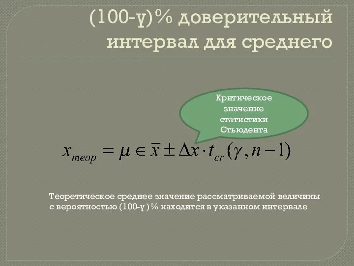 (100-γ)% доверительный интервал для среднего Критическое значение статистики Стьюдента Теоретическое среднее значение